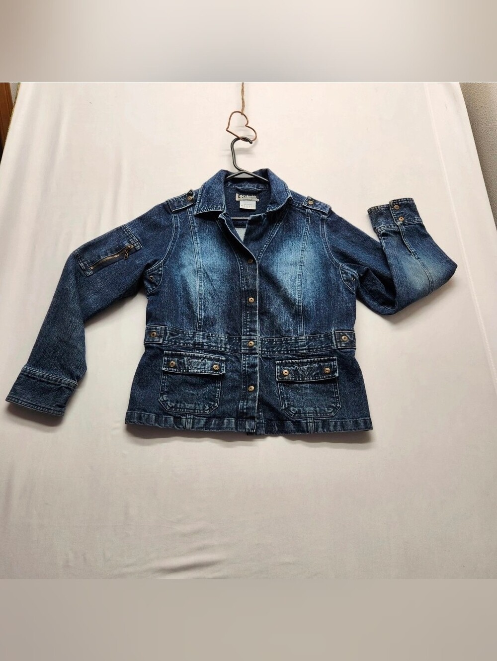⭐️Vintage Columbia Fitted Denim Field Jacket Large- Y2K Cargo Utility Style 
